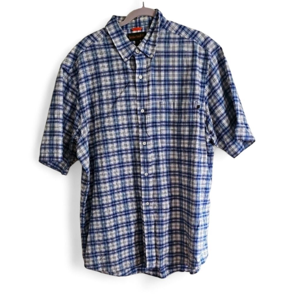 Timberland Men's 2XLT Plaid Short Sleeve Button Down Shirt Blue White Tall